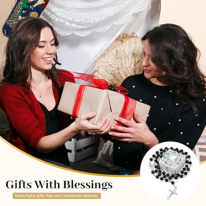 Black Pearl-Style Rosary Necklace with Metal Gift Box, 8mm, 22 Inch - color: Black