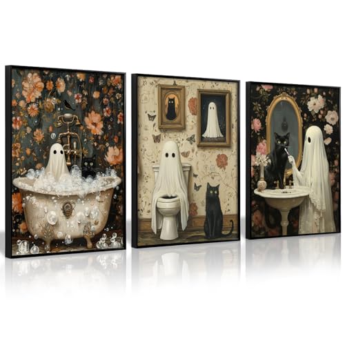 Halloween Gothic Wall Art Decor Bathroom Goth Funny Canvas Poster Dark Academia Wall Decor Horror Ghost Pictures Spooky Witchy Prints Cute Black Cat Paintings for Bathroom 8x10x3 Inch Unframed - color: Halloween Ghost Prints, size: 8x10 Inch Unframed