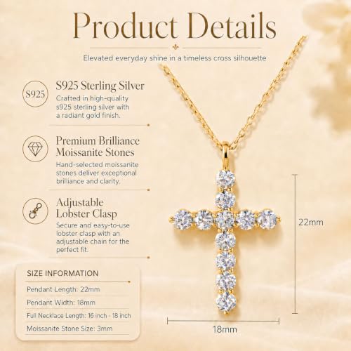 Moissanite Cross Necklace for Women, 1.1CT, S925 Sterling Silver - color: Silver Tone