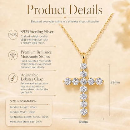 Moissanite Cross Necklace for Women, 1.1CT, S925 Sterling Silver - color: Silver Tone