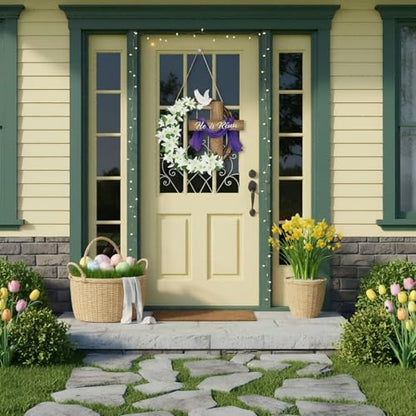 11.5 Inch Wooden He is Risen Easter Cross Wreath Door Sign