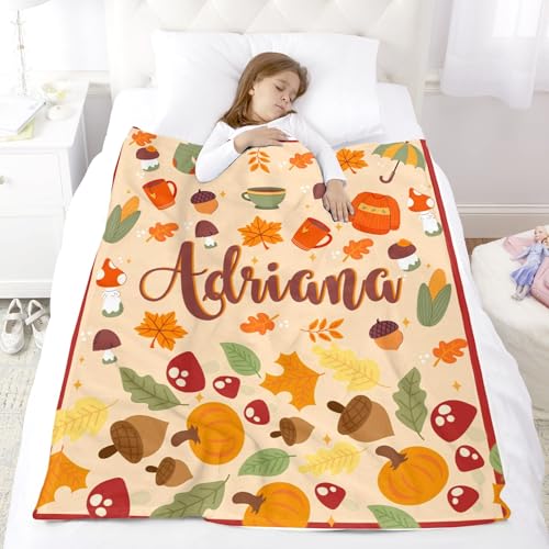 Custom Fall Blanket with Name Autumn Soft Cozy Harvest Blanket for Boys Girls Kids Adults Personalized Cute Warm Blankets Halloween Christmas Birthday Gifts - color: Autumu-03