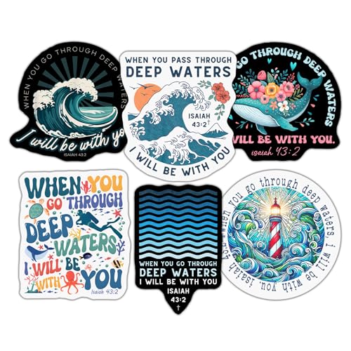 Pack 6 Isaiah 43 2 When You Pass Through The Waters I Will Be with You Sticker 3 Inches Bible Verse, Christian, Waterproof Vinyl Sticker