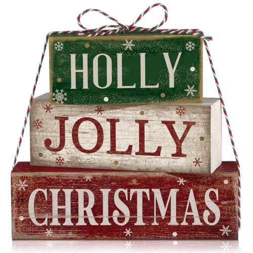 Moucuny 4 Pcs Christmas Table Decoration for Home Rustic Jolly Stacked Sign - style: Candy Christmas