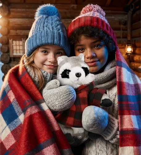 DolliBu Super Soft Raccoon Stuffed Animal with Plaid Red Hoodie Sweater and Personalization - Raccoon Plush Lumberjack Stuffed Toy with Plaid Jacket Dress Up for Christmas, Holiday, Winter - 9 Inches