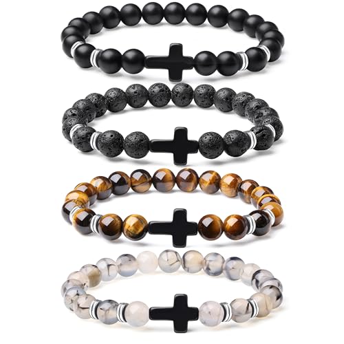 Mens Beaded Bracelets, 8MM Beaded Bracelets for Men, Natural Tiger Eye Bead Bracelet, Stretch Elastic Beads Bracelets for Men - color: Volcanic black yellow dragon
