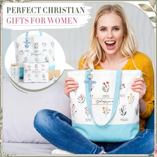 Aliceset 6 Pcs Religious Christian Gifts for Women Bible Verse Tote Bag Cosmetic Bag Glass Cup Keychain for Catholic Church(Blue) - color: Blue