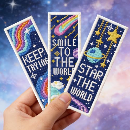 ORIGACH 6 Pcs Space Cross Stitch Bookmark Kit for Beginners - style: Cosmic Space & Inspirational Quotes