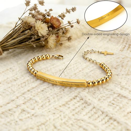 Inspirational Christian Bracelet for Women, Stainless Steel Beaded Cross Jewelry with Bible Verse, Religious Faith Gift for Mom, Daughter, Sister, Friend - color: Be Strong, Be Brave, Be Fearless. You Are Never Alone.-Gold Bead