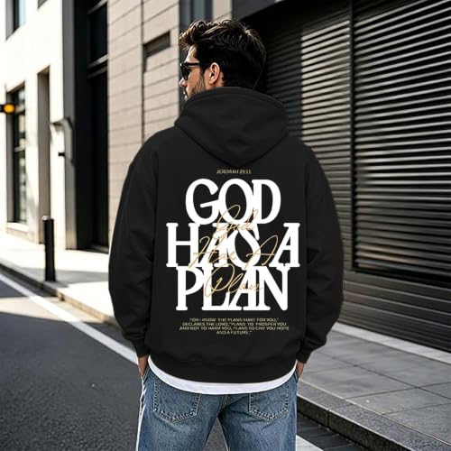 Christian Hoodies for Men God Has a Plan Graphic Tops - color: Black, size: XX-Large
