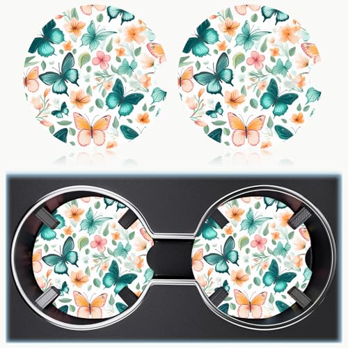 Ceramic Car Cup Holder Coasters Set of 2, 2.56 in Butterfly - color: Colorful Butterfly