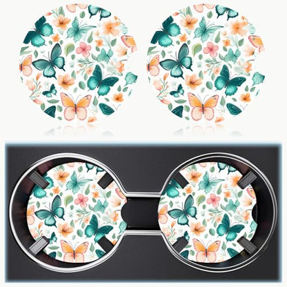 Ceramic Car Cup Holder Coasters Set of 2, 2.56 in Butterfly - color: Colorful Butterfly