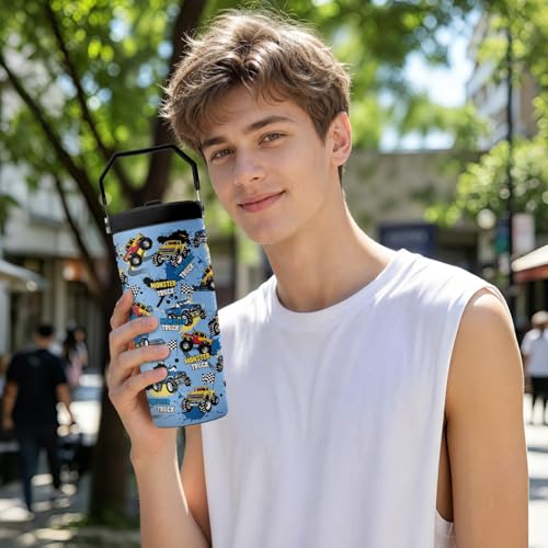 Hiboss Monster Truck Tumbler with Handle and Flip Straw 28oz, Insulated Stainless Steel Travel Monster Trucks Cup for Kids Boy, Birthday Christmas Trucks Gifts for Kids Teens Boys - color: Monster Truck