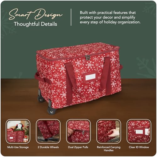 Covermates Rolling Treasurekeeper Storage Bag, 19.25" W x 13" D x 12.5" H - color: Red Snowflake Polyester, size: 19.25W x 13D x 12.5H - With Wheels