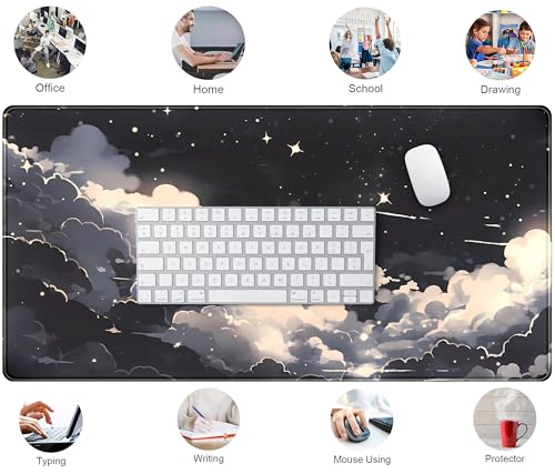 Black Anime Cloud Desk Mat XXL Large Gaming Mouse Pad Computer Laptop Mat, Extended Non-Slip Rubber Base Mousepad Keyboard and Mouse Mat, Night Sky Desk Pad with Stitched Edges, 31.5x15.75 in - color: Black Anime Cloud