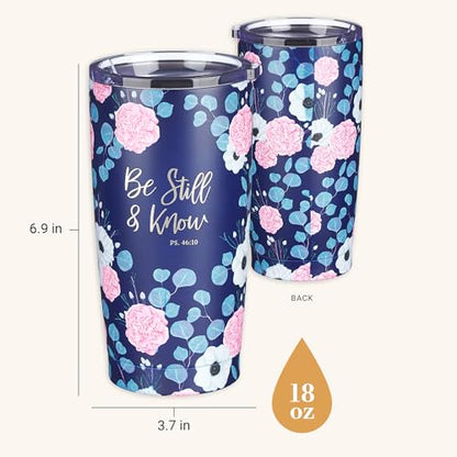 Christian Art Gifts Stainless Steel Double-Wall Vacuum Insulated Travel Mug 18 oz Navy Blue with Pink Floral Tumbler with Lid for Women with Inspirational Bible Verse - Be Still & Know -Psalm 46:10 - color: Navy Blue/Be Still