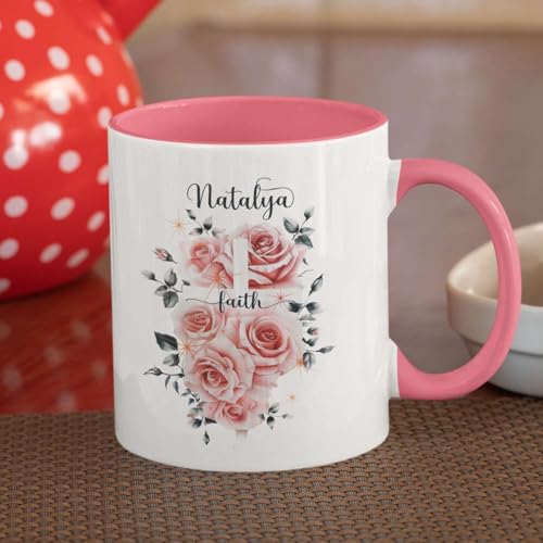 Customized Christian Mug With Name, Novelty Religious Gift, Floral Cross Ceramic Cup For Women Girls, Personalized Christian Faith Coffee Cup 11oz, Unique White Mug With Religious Theme - color: XUA-624-2300-Floral Cross
