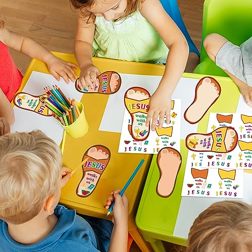 Qyeahkj 32Pcs Sunday School Crafts for Kids VBS Sticker Crafts Bible Christian Craft Jesus Walks with Us Sunday School Favors DIY Sticker Kits for Religious Classroom Home Activities Supplies