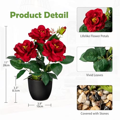 Hollyone Artificial Plants & Flowers with Vase Red Roses Artificial Flowers Small Potted Plant Faux Silk Flower with Black Pot Fake Rose Flower Arrangement Office Shelf Desk Home Decor 11 Inch - color: Rose 2 - Red (11inch)