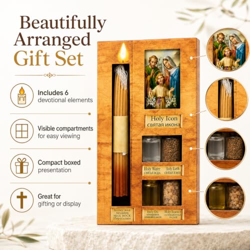 Zuluf Anointing Oil Gift Set Holy Icon Christian Keepsake from Jerusalem Bethlehem with Beeswax Candle, Holy Water, Blessed Earth, Olive Oil, Incense for Baptism, Christening, Godparent Faith Gift