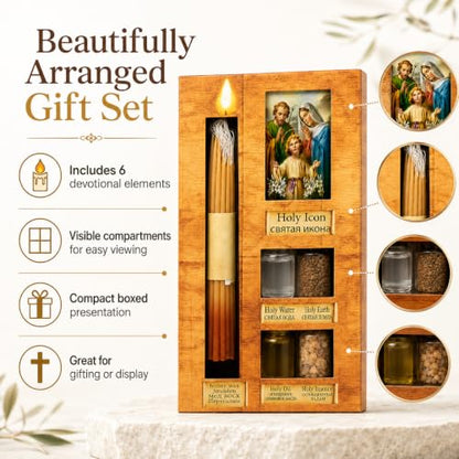 Zuluf Anointing Oil Gift Set Holy Icon Christian Keepsake from Jerusalem Bethlehem with Beeswax Candle, Holy Water, Blessed Earth, Olive Oil, Incense for Baptism, Christening, Godparent Faith Gift