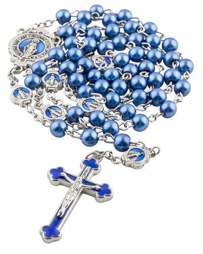 Catholic Rosary Necklace, Solid Glass Beads, Prayer Guide Included, Faith Gift for Women - color: blue
