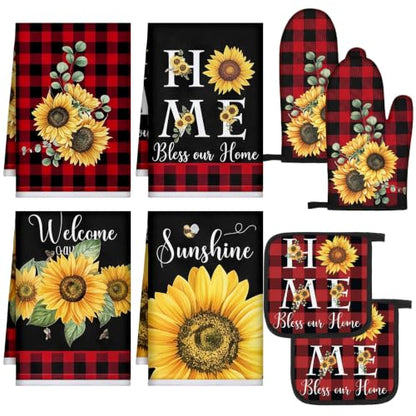 Leinuosen 8 Pcs Sunflower Red Plaid Kitchen Towels Dishcloths Accessories - color: Red and Black, style: Sunflower