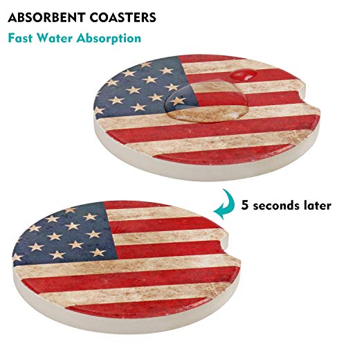 Car Coasters 2 Pack, Small 2.56" Stone Car Cupholder Absorbent Coaster Set for Women Men Drink Cup Holder Coasters (USA Flag) - color: Usa Flag
