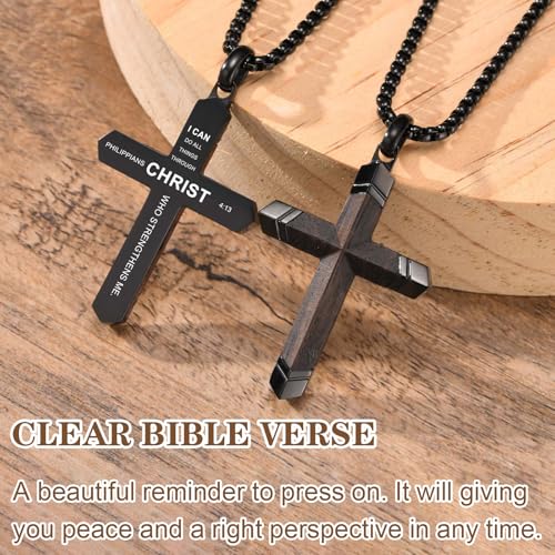 FLHEART Wooden Cross Bible Verse Necklace for Men, Hawaiian Handmade Real Black Ebony Wood Cross Pendant Stainless Steel Chain, Mens Cross Necklaces Koa Wood Jewelry Christian Baptism Easter Gifts - style: Philippians 4:13 - 1pc