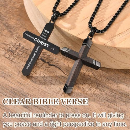 FLHEART Wooden Cross Bible Verse Necklace for Men, Hawaiian Handmade Real Black Ebony Wood Cross Pendant Stainless Steel Chain, Mens Cross Necklaces Koa Wood Jewelry Christian Baptism Easter Gifts - style: Philippians 4:13 - 1pc