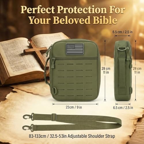 Tactical Bible Cover for Men, Large Bible Case with Shoulder Strap & US Flag Patch, Water Resistant Bible Carrier Bag with Handle, Multi Pockets for Church Study & Travel （Green） - color: Green