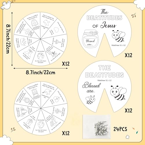 COcnny Religious Coloring Wheel Craft - 24 Sets Beatitudes Christian Craft for Kid, Color Your Own Jesus Art Kit, Biblical Bee DIY Crafts for Sunday School Classroom Church Activities VBS Supplies - style: Beatitudes