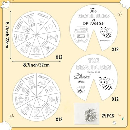 COcnny Religious Coloring Wheel Craft - 24 Sets Beatitudes Christian Craft for Kid, Color Your Own Jesus Art Kit, Biblical Bee DIY Crafts for Sunday School Classroom Church Activities VBS Supplies - style: Beatitudes