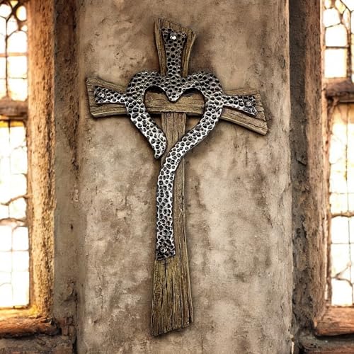 Rustic Resin Heart Cross Wall Decor – 12 1/2” Faux Wood and Hammered Metal Look Religious Wall Cross – Christian Home Decor Symbolizing Love and Faith – Farmhouse Style Wall Hanging Jesus Art Sculpture