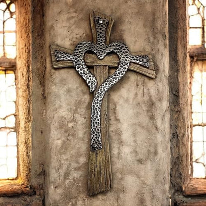 Rustic Resin Heart Cross Wall Decor – 12 1/2” Faux Wood and Hammered Metal Look Religious Wall Cross – Christian Home Decor Symbolizing Love and Faith – Farmhouse Style Wall Hanging Jesus Art Sculpture