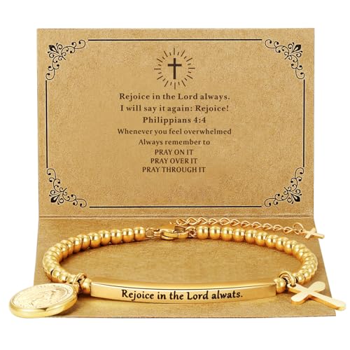 DS Women Christian Charm Bracelet,Cross Scripture Stainless Steel Jewelry - style: Rejoice in the Lord always. -Gold