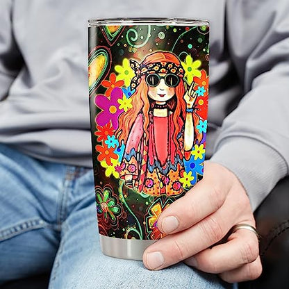 Personalized Old Hippie Tumbler Stainless Steel Travel Mug Coffee Insulated Cup With Lid Retro Style Custom Name Cute Gifts For Girl Women Men Peace Sign Colorful Print - color: Hippie