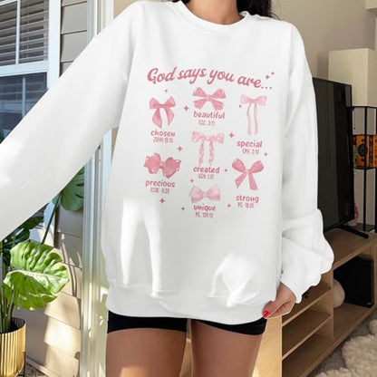 Christian Bow Sweatshirt for Women God Jesus Bible Verse Sweatshirts Cute Bow Graphic Coquette Long Sleeve Shirts - color: White, size: Small