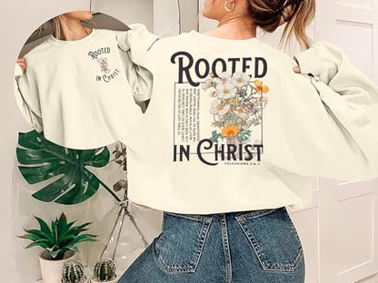 Women Christian Sweatshirt Rooted in Christ Shirts Jesus Boho Faith Clothes - color: Beige, size: Medium