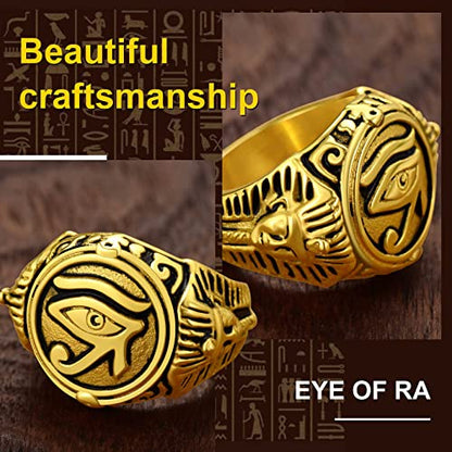 ChainsProMax Can Engrave Men Ancient Egyptian Eye of Ra Ankh Cross Ring, Size #7-#14, Stainless Steel/Gold Plated/Black (Send Gift Box) - color: Engrave-Eye of Ra-golden