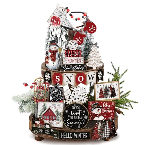 Vercraft Christmas Tiered Tray Decor Xmas Wooden Table Decor, Buffalo - style: Winter Buffalo Plaid