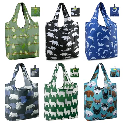 BeeGreen Animal Reusable Shopping Bags Cute Grocery Bag 6 Pack, Christmas Gift Bags Heavy-Duty Foldable Shopping Totes for Supermarket, Work & Travel, Large Washable Polyester Tote Bag with Handles - color: Green, Black, Blue, Lake Blue, Grey