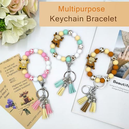 SHINYHARBOR Silicone Beaded Wristlet Keychain Bracelet,Key Wrist Keychains for Women Mom Teachers Best Friend - color: Cow-brown