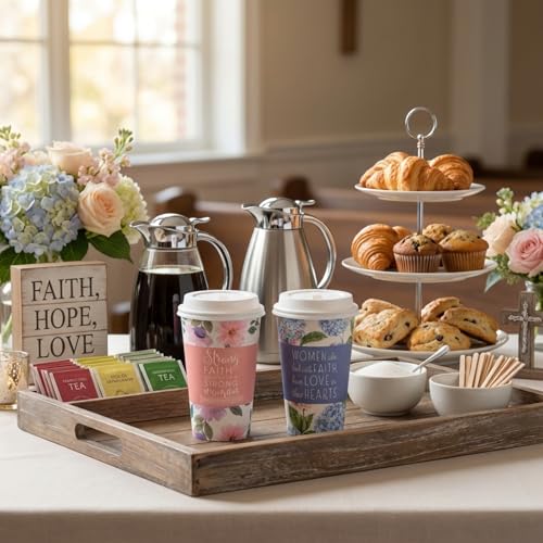 Fun Express 5 1/4" 16 oz. Woman of Faith Disposable Paper Coffee Cups with Lids - 12 count