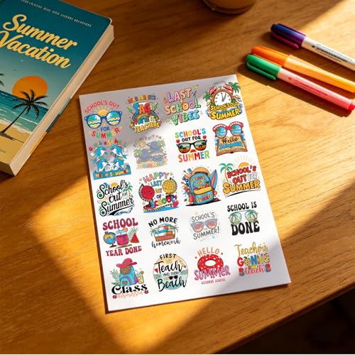 UV DTF Cup Wrap - 20 Sheets Goodbye School Hello Pool Funny UV DTF Decals for 16 oz Glass Cups, End of School Year Summer Vacation Party Cold Transfer Stickers for DIY Water Bottle Tumbler Decoration - style: Summer Vacation
