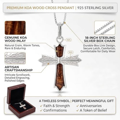 Sterling Silver Koa Wood Inlay Cross Crucifix Necklace Pendant with 18" Box Chain, Nickel Free Hypoallergenic for Sensitive Skin, Gift Box Included - color: Scroll Cross