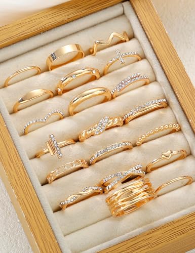 Gold Stackable Rings Set for Women, Gold Plated Chunky Crystal Finger Rings - color: Gold Twisted