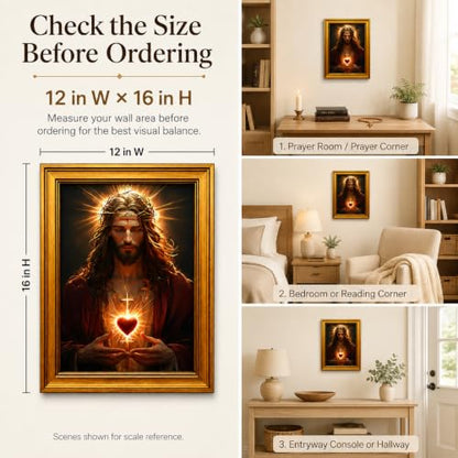Sacred Heart of Jesus Gold Framed Canvas Wall Art, 12x16 Inch - color: Black And White-8, size: 16"L x 12"W