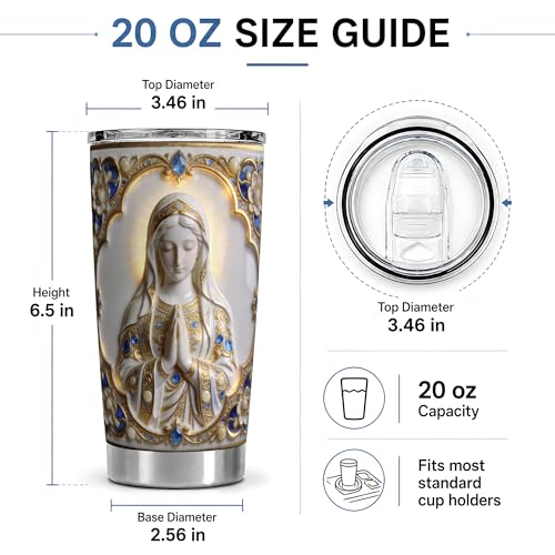 Virgin Mary Ornate Jewel Art 20oz Tumbler, Virgin Mary Tumbler for Daily Drinkware, White Gold Prayer Statue Illustration, Catholic Devotional Cup, Religious Design for Women Men - color: Virgin Mary 2