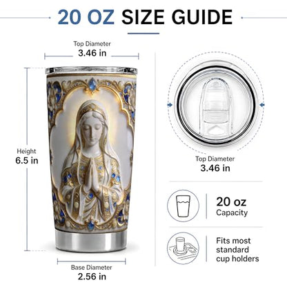 Virgin Mary Ornate Jewel Art 20oz Tumbler, Virgin Mary Tumbler for Daily Drinkware, White Gold Prayer Statue Illustration, Catholic Devotional Cup, Religious Design for Women Men - color: Virgin Mary 2